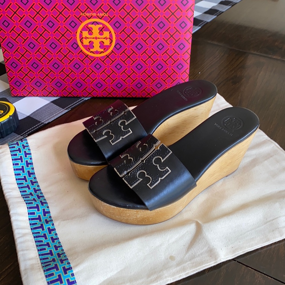 Tory Burch Black and Tan Wedges